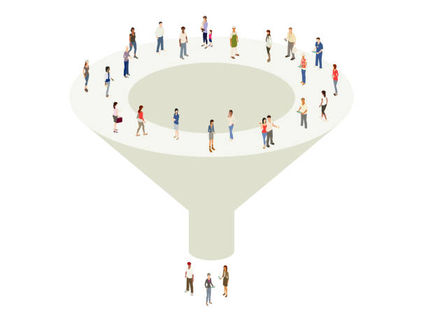 Marketing sales funnel Illustration of a marketing sales funnel with a variety of people at the top and bottom sales funnel stock illustrations