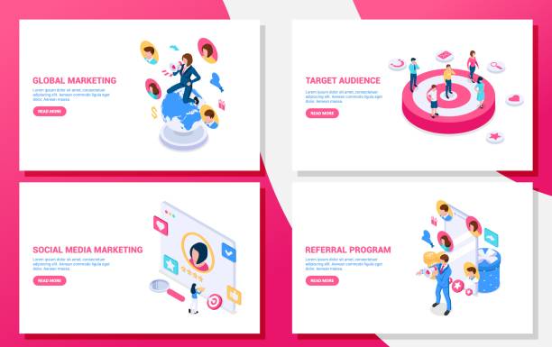 Marketing solutions. Set of 4 isometric concepts. Global marketing, target audience, referral program, smm. Vector illustrations on white background. target market stock illustrations