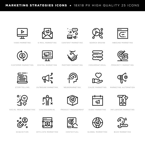 Marketing strategies icons for e-mail, content, inbound, digital, outbound, cause, neuro etc. vector art illustration