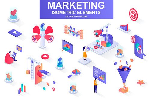 Marketing strategy bundle of isometric elements. Marketing funnel, lead generation, research and strategy planning, megaphone isolated icons. Isometric vector illustration kit with people characters.