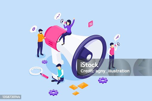 istock Marketing strategy campaign, people holding and shout on the giant megaphone. Business advertising marketing and promotion. Isometric Vector Illustration 1358730144