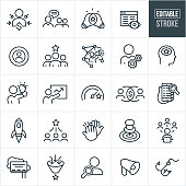 A set of marketing icons that include editable strokes or outlines using the EPS vector file. The icons include a person being marketed to, a marketer communicating with target market, two lightbulbs together to create a marketing solution, a webpage with views, target market, target customer, marketer with bullhorn, marketer with cogs, marketer with light bulb, marketing goals, online marketing, rocket ship, high five, social media, billboard, bullhorn, hook and other related icons.