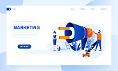 Marketing vector landing page template with header. Product, merchandise promotion web banner, homepage design with flat illustrations. Management strategy. Lead generation website layout