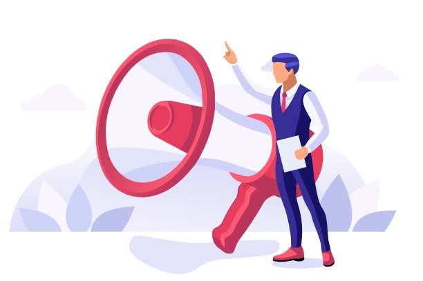 Marketing Website Icon Sign Media and Marketing Digital Relation with Public Promotion on Media. Social work, Team at Agency for PR. Audience, Communicate with Loudspeaker. Big People Concept Flat Isometric Vector Illustration. marketing agency stock illustrations