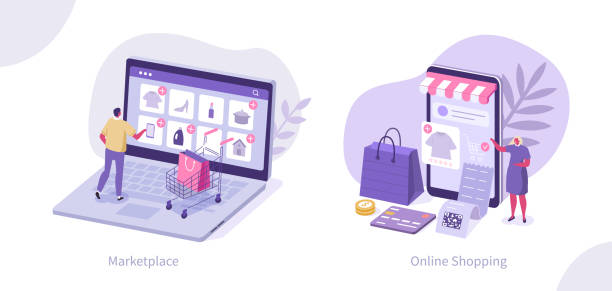 marketplace People Characters Buying Goods Online on Internet Marketplaces. Female and Male Buying Online in Mobile App. Mobile Shopping and Retail Concept. Flat Isometric Vector Illustration. e commerce stock illustrations
