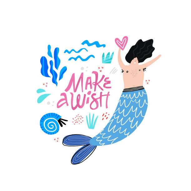 Marman cartoon vector character Marman cartoon vector character. Male mermaid. Underwater magical creature. Boy with tail illustration. Make a wish lettering. Ocean mythical life hand drawn design element. Fairytale isolated clipart merman stock illustrations