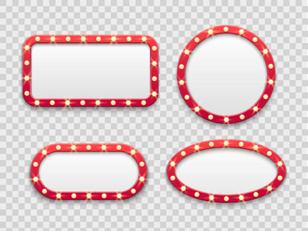 Marquee light frames. Vintage round and rectangular cinema and casino empty red signs with bulbs. Vector isolated set Marquee light frames. Vintage round and rectangular cinema and casino empty red signs bright vegas lights with bulbs. Vector theatre show or nightclub billboard retro isolated icons set performance borders stock illustrations