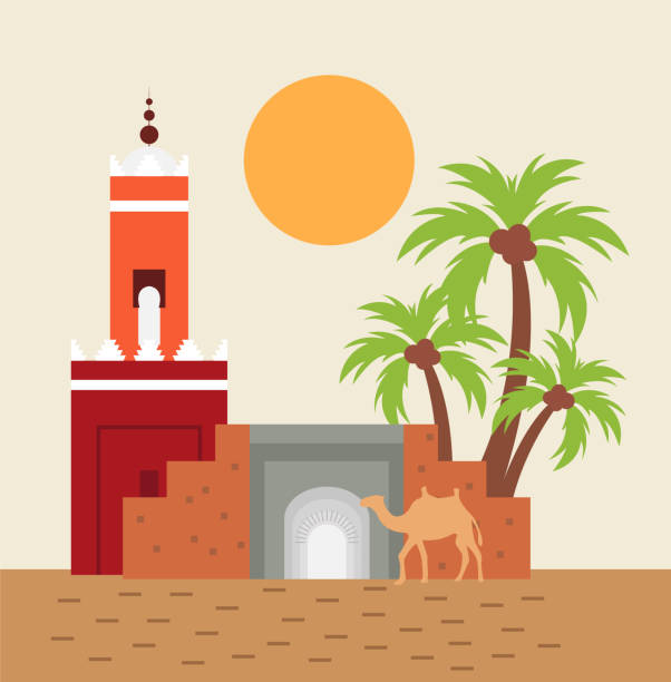 Marrakech cityscape, city in Morocco, flat vector illustration Marrakech cityscape, city in Morocco, flat vector illustration arabic house stock illustrations