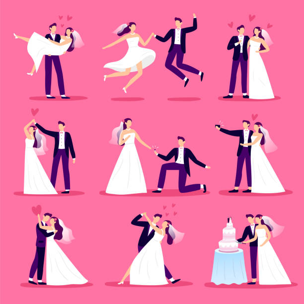 Marriage couple. Just married couples, wedding dancing and weddings celebration. Newlywed bride and groom vector illustration set Marriage couple. Just married couples, wedding dancing and weddings celebration. Newlywed bride and groom, marriage ceremony or new husband and wife family. Vector illustration isolated icons set bride stock illustrations