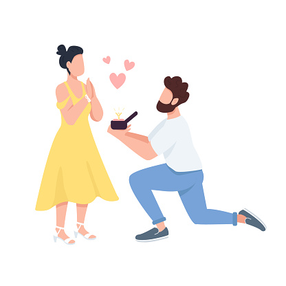Marriage proposal semi flat color vector characters