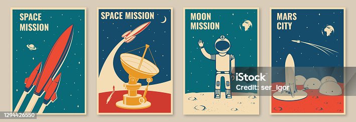 istock Mars city and space mission posters, banners, flyers. Vector Concept for shirt, print, stamp. Vintage typography design with space rocket, astronaut on the moon and city on mars silhouette. 1294426550