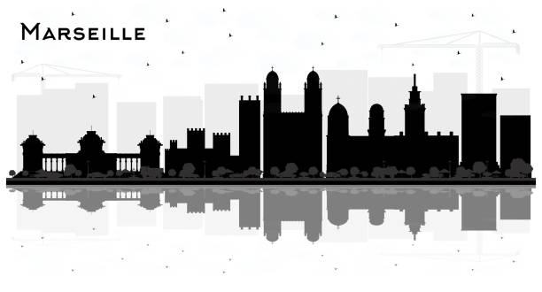 illustrations, cliparts, dessins animés et icônes de marseille france city skyline silhouette avec bâtiments et réflexions en noir et blanc. - marseille