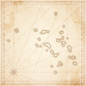 Map of Marshall Islands in vintage style. Beautiful illustration of antique map on an old textured paper of sepia color. Old realistic parchment with a compass rose, lines indicating the different directions (North, South, East, West) and a frame used as scale of measurement. Vector Illustration (EPS10, well layered and grouped). Easy to edit, manipulate, resize or colorize. Please do not hesitate to contact me if you have any questions, or need to customise the illustration. http://www.istockphoto.com/portfolio/bgblue