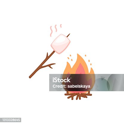 istock Marshmallow on stick roasting on bonfire, flat vector illustration isolated. 1313328645