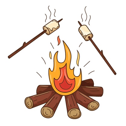 Marshmallows are fried on the fire. A wood-burning bonfire. Autumn entertainment. Decorative element with an outline. Doodle, hand-drawn. Flat design. Color vector illustration. Isolated on white.