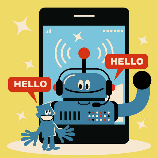 Martech and chatbot concept, blue man talks with a robot that wears headphones on smart phone Blue Little Guy Characters Vector art illustration.
Martech and chatbot concept, blue man talks with a robot that wears headphones on smart phone. chatbot marketing stock illustrations