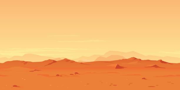 Martian Landscape Background Martian orange landscape background tileable horizontally, sand hills with stones on a deserted planet desert area backgrounds stock illustrations