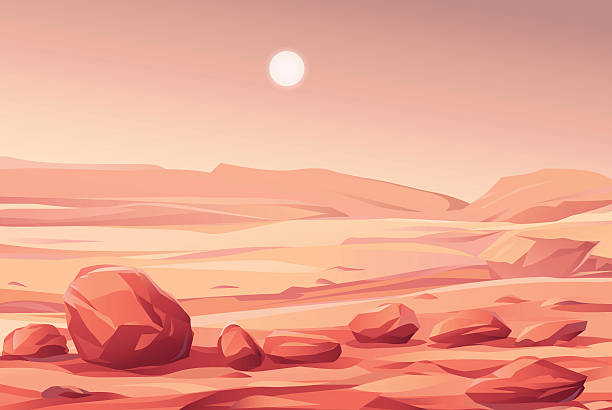 Martian Landscape Illustration of the lifeless surface of planet Mars. A barren reddish landscape with rocks and mountains. EPS 10, all labeled in layers. desert area backgrounds stock illustrations