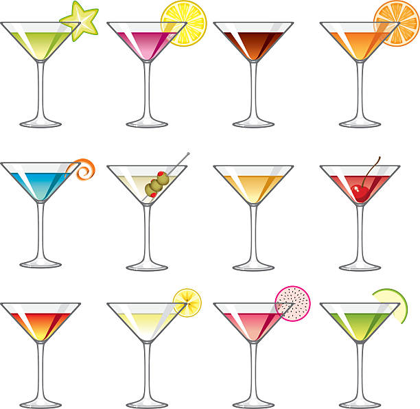 Martini Glass Icons Set A set of 12 different martini glass icons isolated on white. Flavours range from cherry, apple, orange to classic vodka martini with olives. cocktail clipart stock illustrations