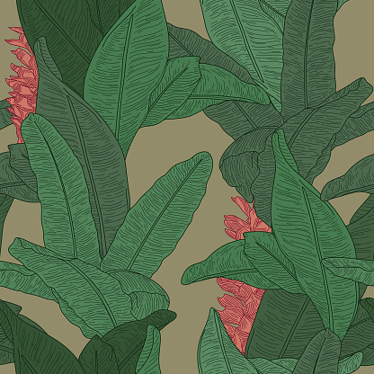 Martinique Inspired Seamless Banana Leaf Pattern Wallpaper