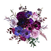 Marvelous violet, purple and burgundy anemone, dusty mauve and lilac rose, dark dahlia, astilbe, eucalyptus, carnation vector design bouquet.Stylish fall wedding bunch of flowers.Isolated and editable