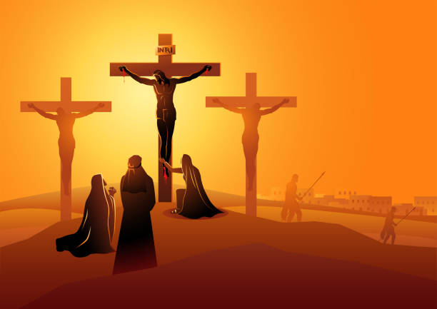 Mary the Mother of Jesus, John the beloved disciple and Mary of Magdala at the Crucifixion Biblical vector illustration series. Way of the Cross or Stations of the Cross, twelfth station. Mary the Mother of Jesus, John the beloved disciple and Mary of Magdala at the Crucifixion religious cross silhouettes stock illustrations