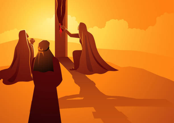 Mary the Mother of Jesus, John the beloved disciple and Mary of Magdala at the Crucifixion vector art illustration