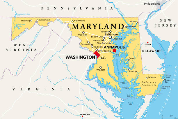 Maryland, MD, political map, Old Line State, Free State Maryland, MD, political map. State in the Mid-Atlantic region of the United States of America. Capital Annapolis. Old Line State. Free State. Little America. America in Miniature. Illustration. Vector chesapeake bay stock illustrations