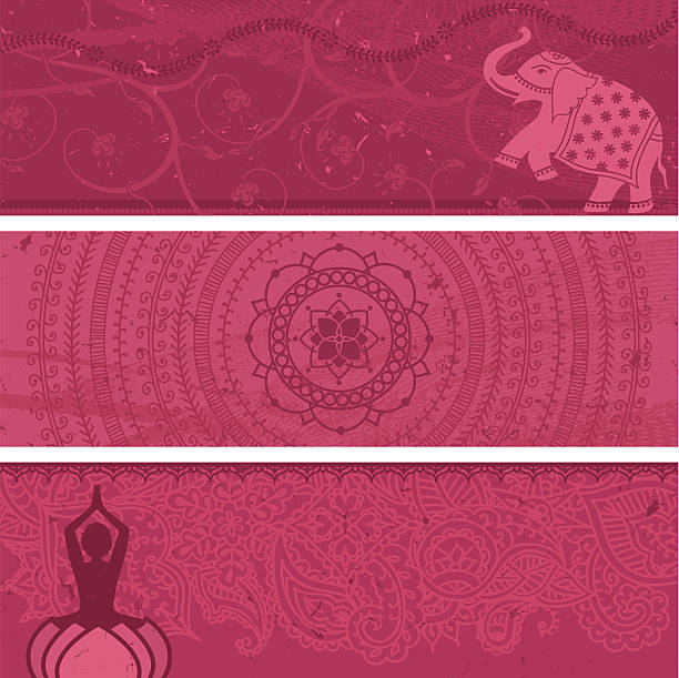 Masala Banners Pink A collection of multi-layered pink banners. Lots of copy space! Includes an Indian elephant, a lotus mandala and a yoga figure. (Includes .jpg) yoga designs stock illustrations