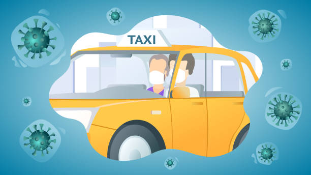 Masked man passenger in taxi with masked driver. Protection and safety in public transport during an epidemic. Social isolation. Epidemic MERS-CoV virus 2019-nCoV. Flat vector illustration. safe move stock illustrations