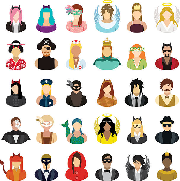 Masked people icons set. Set of thirty people icons. period costume stock illustrations