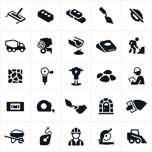 Masonry and Concrete Icons Masonry and concrete construction icons. The icons include cement, concrete, bricks, construction, cement trowel, cement truck, cement mixer, cement bag, construction workers, masons, masonry, cement tools, construction tools, jack hammer, wheel barrow and saw to name a few. concrete stock illustrations