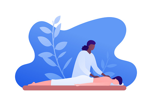 Massage therapy concept. Vector flat people illustration. African american woman therapist massaging and patient person lying on couch. Design for health care, wellness.