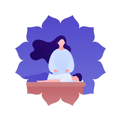 Massage therapy concept. Vector flat people illustration. Feamle therapist and patient person lying on couch. Flower symbol frame. Design for alternative health care, wellness, physiotherapy.
