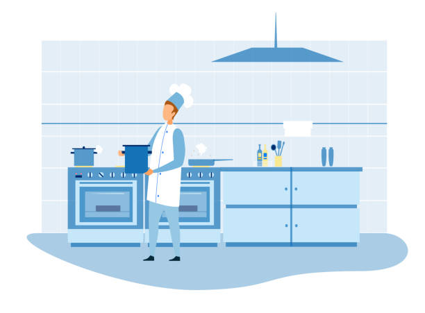 Master Chef Preparing Food in Kitchen Illustration Professional Master Chef Preparing Food in Kitchen Cutout Illustration. Male Cook in Uniform Carrying Pot with Soup. Flat Furniture, Stove, Utensils. Vector Restaurant Cook-Room and Staff at Work kitchen clipart stock illustrations