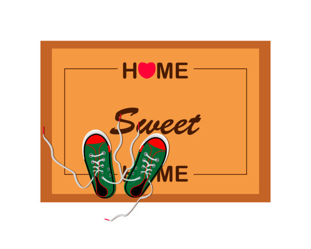 illustrazioni stock, clip art, cartoni animati e icone di tendenza di tappetino con la scritta home sweet home. sul tappeto ci sono scarpe da ginnastica. illustrazione vettoriale. - shoes top view