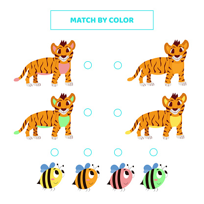 Match cute cartoon tigers and bees by color.