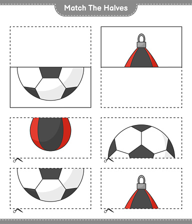 Match the halves. Match halves of Soccer Ball and Punching Bag. Educational children game, printable worksheet, vector illustration