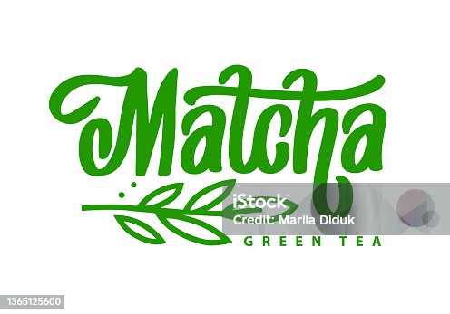 istock Matcha symbol design. Lettering decorated of branch green leaves. Hand-drawn vector calligraphy for tea product. Japanese beverage. Green tea drink. 1365125600