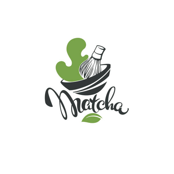 ilustrações de stock, clip art, desenhos animados e ícones de matcha tea label, logo, emblem and tag with   green leaves and lettering composition - natural organic doodle tag
