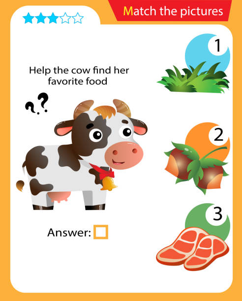 Matching game, education game for children. Puzzle for kids. Match the right object. Help the cow find her favorite food. Matching game, education game for children. Puzzle for kids. Match the right object. Help the cow find her favorite food. printable cow stock illustrations