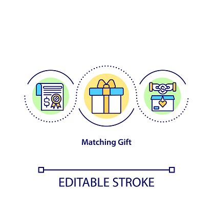 Matching gift concept icon. Giving money to charity organizations. Valuable present. Fund increase. Charity idea thin line illustration. Vector isolated outline color drawing. Editable stroke