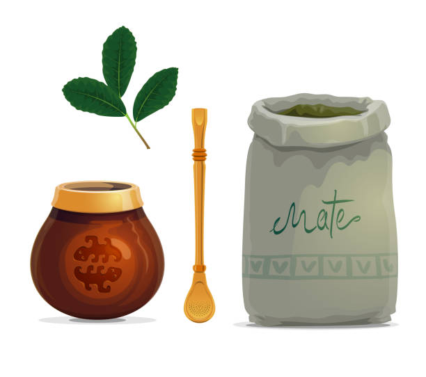 Mate tea drink, yerba leaves, calabash gourd cup Mate tea drink cartoon vector of yerba mate plant leaves, calabash gourd cup, metal bombilla straw and bag of dried branches. South American hot beverage with accessories argentina food stock illustrations