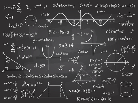 Math formula. Mathematics calculus on school blackboard. Algebra and geometry science chalk pattern vector education concept