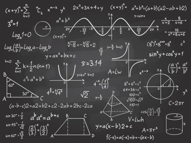 Math formula. Mathematics calculus on school blackboard. Algebra and geometry science chalk pattern vector education concept Math formula. Mathematics calculus on school blackboard. Algebra and geometry science chalk pattern vector education concept. Scientific analysis, number calculation, complex knowledge physics stock illustrations