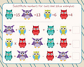 Math game for children substitute numbers instead of owls, solve an example and write down the answer