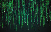 istock Matrix background. Binary code texture. Falling green numbers. Data visualization concept. Futuristic digital backdrop. One and zero digits. Computer screen template. Vector illustration 1312850689