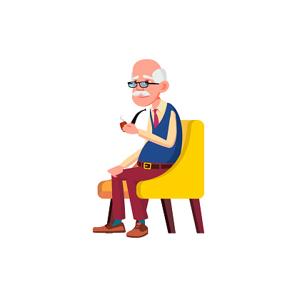 mature age caucasian man sitting in armchair and smoking smoke pipe cartoon vector