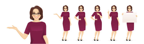 Mature business woman Elegant mature business woman in different poses set. Various gestures pointing, showing, standing, holding empty blank board isolated vector illustration older woman stock illustrations
