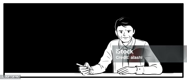istock A mature businessman (editor, writer, teacher) is sitting at the desk and writing with a pen (pencil) 1388138190